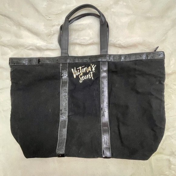 Victoria Secret 22" x 13" Zippered Tote Bag w/Handles and Sequin Accents Black - Picture 1 of 5